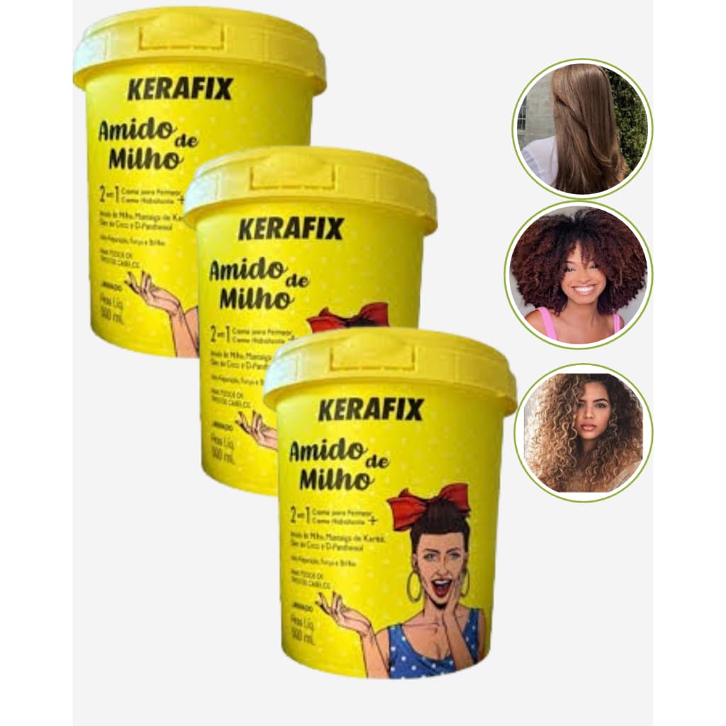 Kerafix Máscara Capilar De Hidratação e Creme de Pentear, Para Todos Os Tipos De Cabelo, Força e Brilho/ 3Unidades