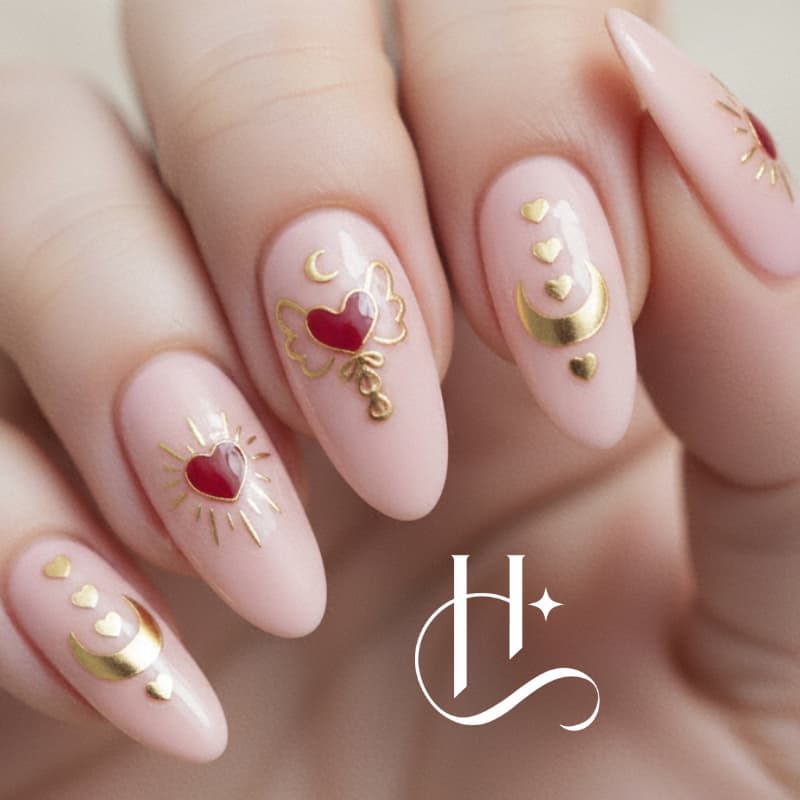 Adesivos de unha dourado e vermelho romantico coração fofo alternativo alt girl vintage nail art Y2K