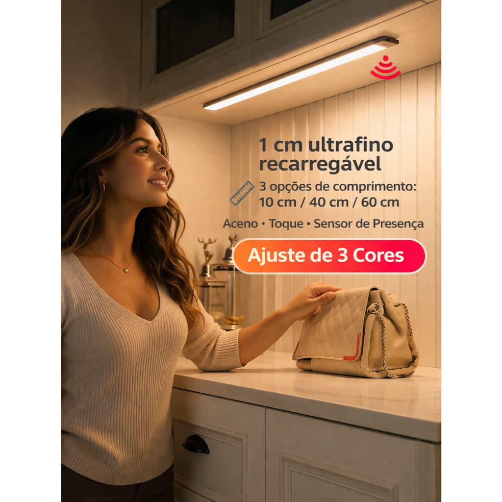 Luminária Led 3 Cores Regulável 10/40/60cm Luz Noturna Sensor Movim. USB Recarregável Closet Quarto