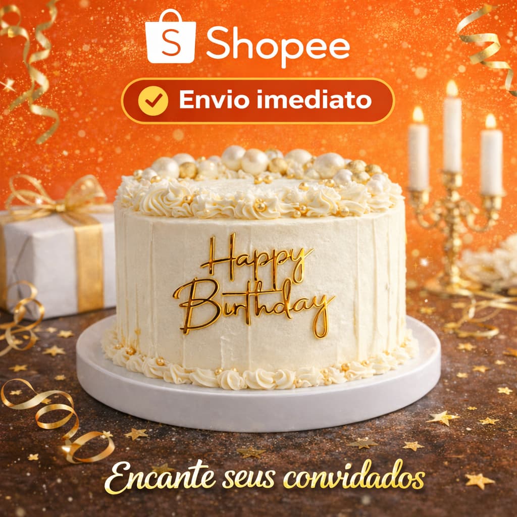 Topo/Topper de bolo Happy Birthday em papel lamicote dourado 180g, em camadas