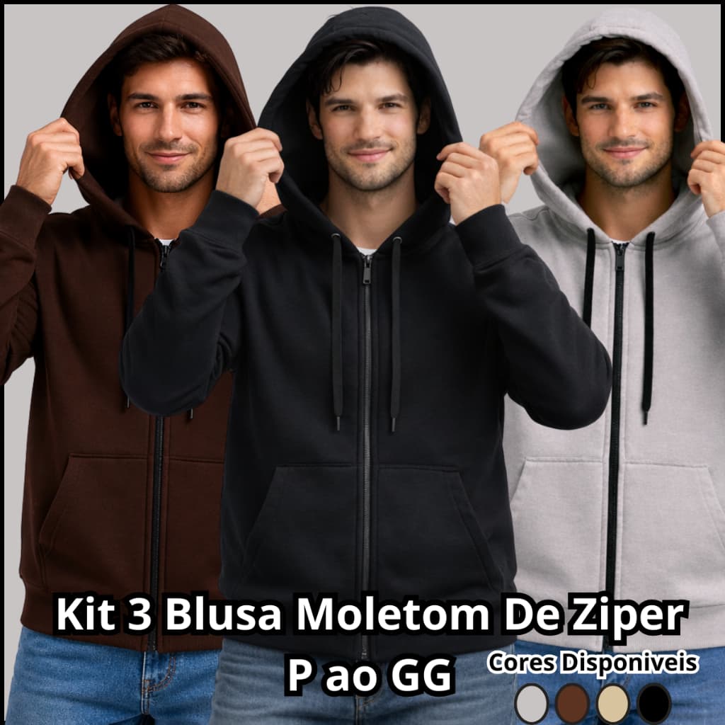Kit 3 Moletom Jaqueta Casaco Masculino Zíper Flanelado Algodão Capuz Bolsos Inverno Outono Casual Liso P Ao GG