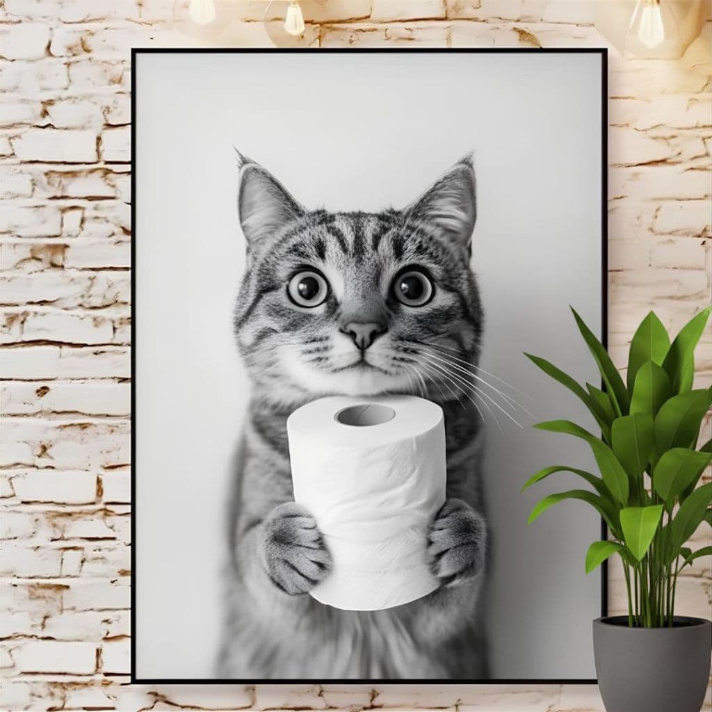 Quadro Placa Decorativa Banheiros Gatinho Fofo Divertido Papel Higiênico Banheiros Toalete