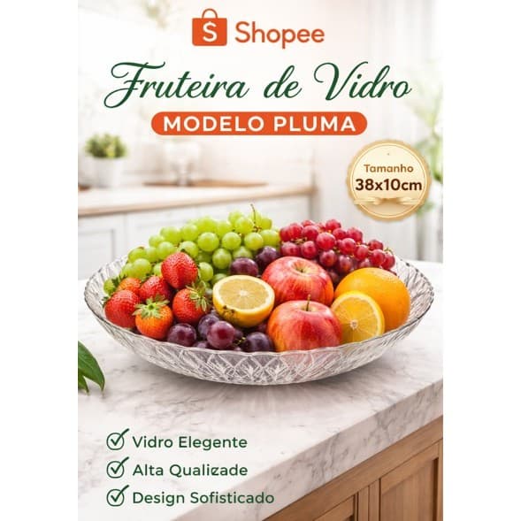 Centro de Mesa Pluma Fruteira Vidro 38cm Transparente Vitazza