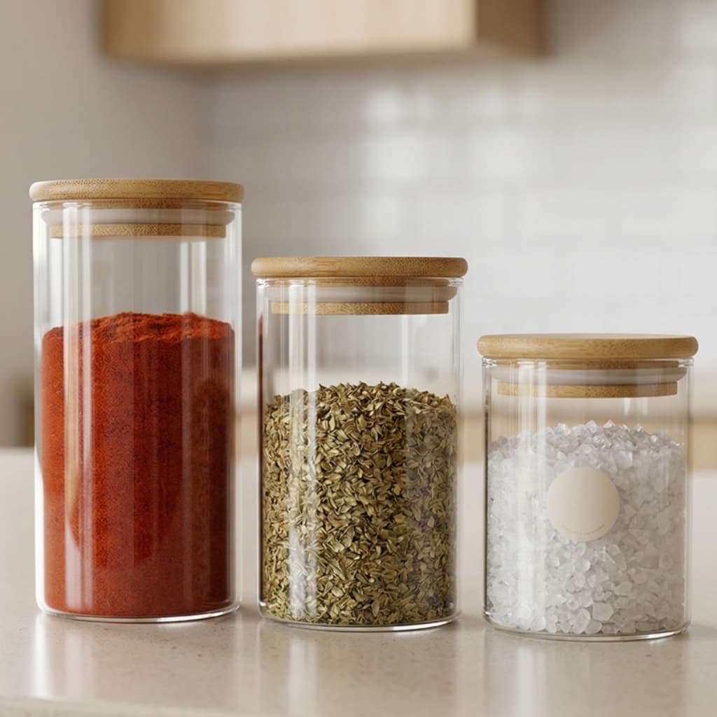 Kit 3 Potes Herméticos Vidro Tampa Bambu 350ml 300ml 250ml Porta Temperos Cozinha Organizador