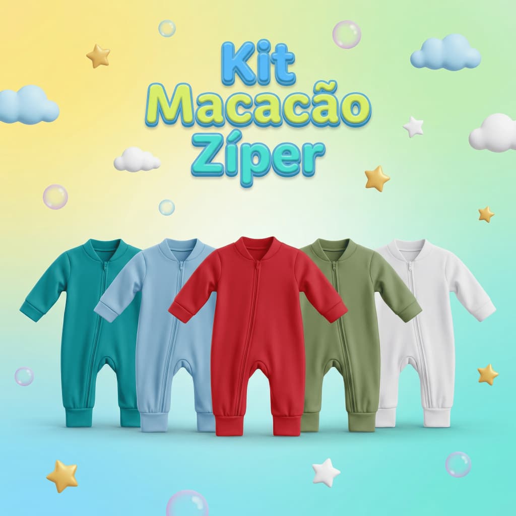 Kit 3 Macacões Menino Liso Bebê Algodão Zíper Vira Pé Inverno Infantil Macio Macacão
