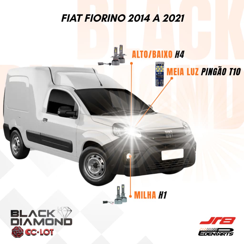 Kit Lampadas Farol LED Fiat Fiorino 2014 a 2021 JR8 BlackDiamond H1 H4 6000K + Lâmpada Pingão T10 21 LED