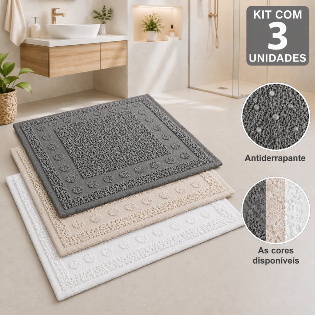 Kit 3 Tapete Atoalhado Piso Banheiro Antiderrapante 100% Algodão Premium 50X65cm