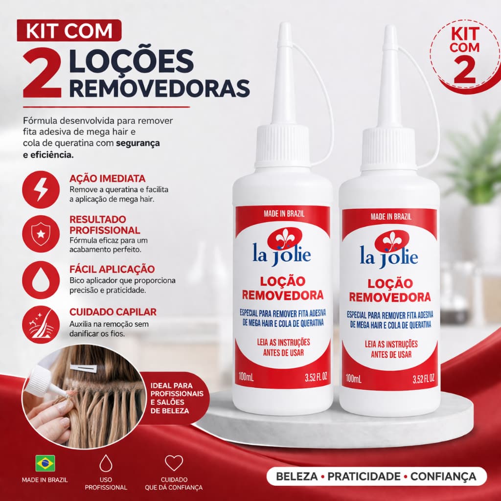 Kit 2 Loção Removedor La Jolie 100 ml de Mega Hair de Queratina Fita Adesiva Cola Liquida - Envio Imediato