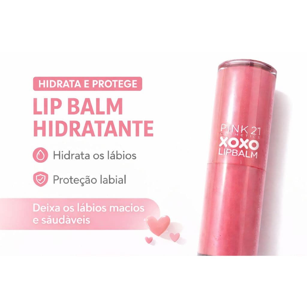 Lip Balm Hidratante Labial Rosa XOXO Hidratação Profunda, Lábios Macios, Proteção Diária e Efeito Gloss Natural