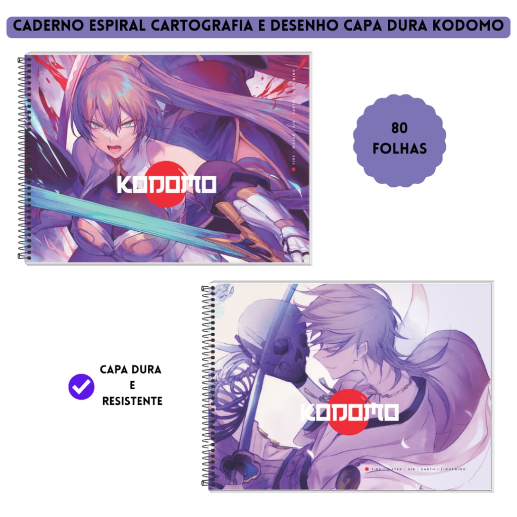 Caderno Espiral Cartografia e Desenho Anime/Mangá Capa Dura 80 Folhas - Kodomo - 3B Cadernos