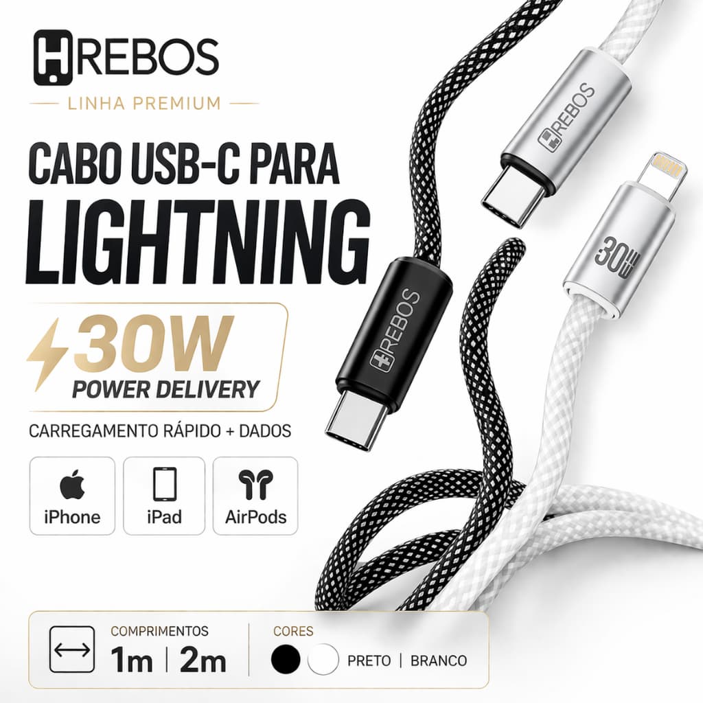 Cabo USB-C para Lightning 30W Compatível com iPhone Carregamento Rápido