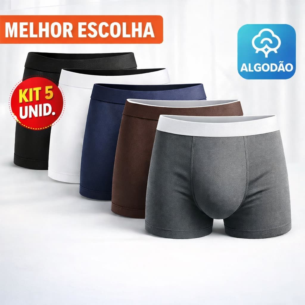 Kit 5 Cuecas Boxer Premium Algodão Lycra, Super macia