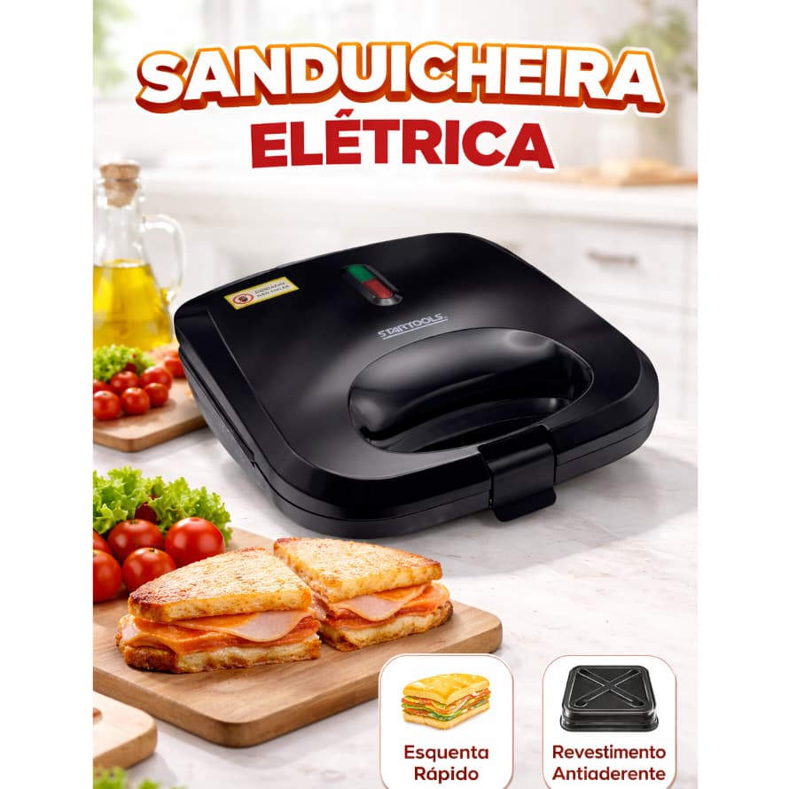 Sanduicheira Grill Elétrico Antiaderente Rápido Preparo Lanches Torradas Grelhados 110v 220v