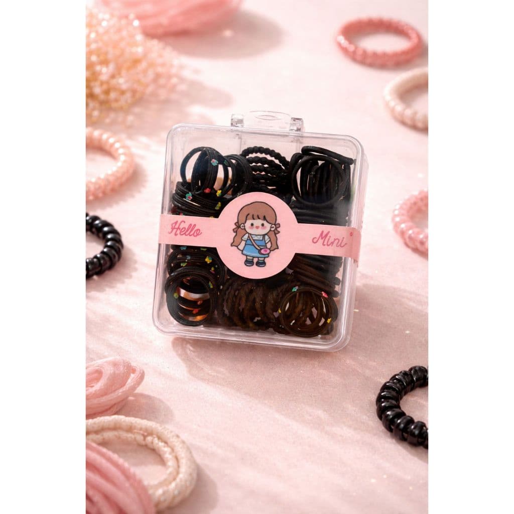 Kit Mini Elásticos de Cabelo Hello Mini Caixa Organizadora com Diversos Elásticos