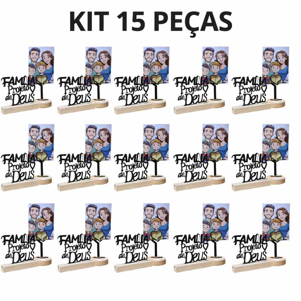 Kit com 15  Enfeite de Mesa Família Projeto de Deus e Porta Foto Coração Vazado Base escrita Família