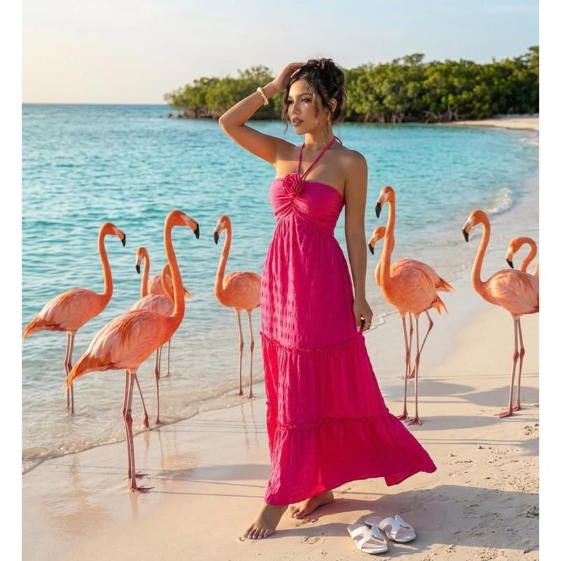 Vestido Rosa Elegante com Flor 3D
