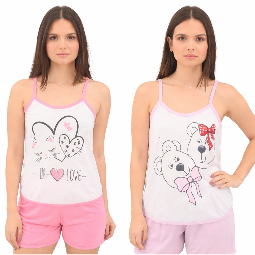 Kit 3 Pijama Baby Doll Feminino Mania de Sonhar Alça Estampado Malha Conforto
