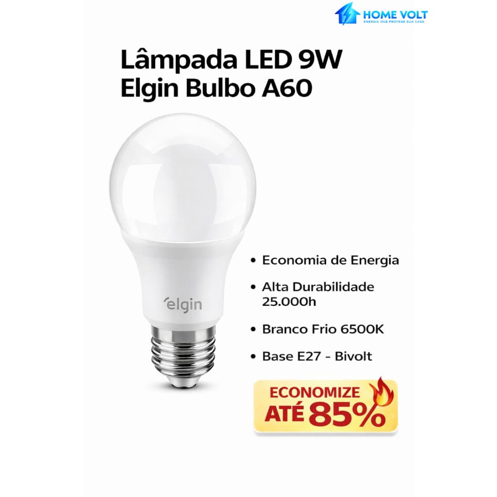 Lâmpada LED 9W Elgin Bulbo A60 Bivolt Branco Frio 6500K Econômica Alta Durabilidade Nova com INMETRO