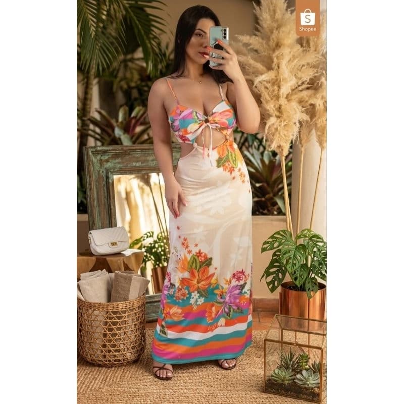 Vestido Longo Feminino Estampado Floral com Amarração – Moda Verão Praia Festa