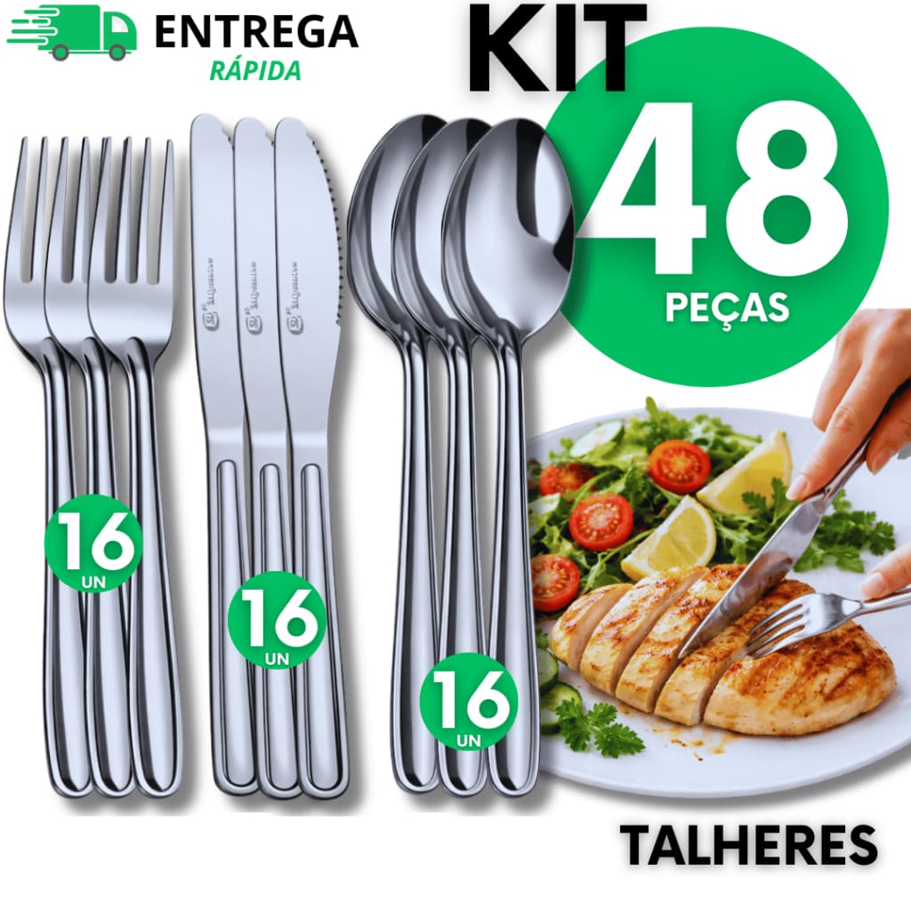 Jogo de Talhares 48 Peças Inox 16 Facas c/ Serra 16 Garfos 16 Colheres de Sopa Mesa Jogo de Talheres