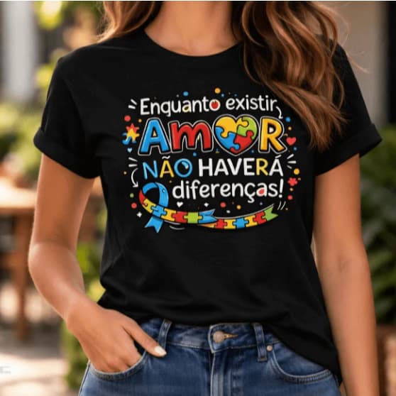 Camiseta Feminina Estampada Autismo Algodão Leve Confortável Casual Moda Inclusão Tendência Sobre o amor