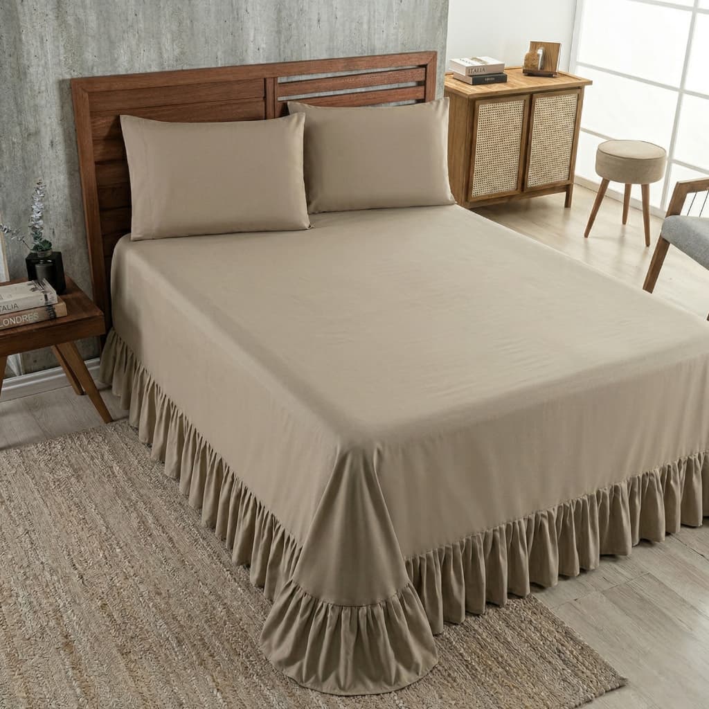 Colcha Cobre Leito 400 Fios com Babado Casal Queen King Kit 3 Peças Laila Luxo