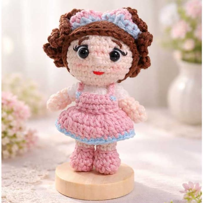 Mini Boneca Amigurumi Crochê com Base MDF | Decoração Infantil | Feito à Mão 10cm