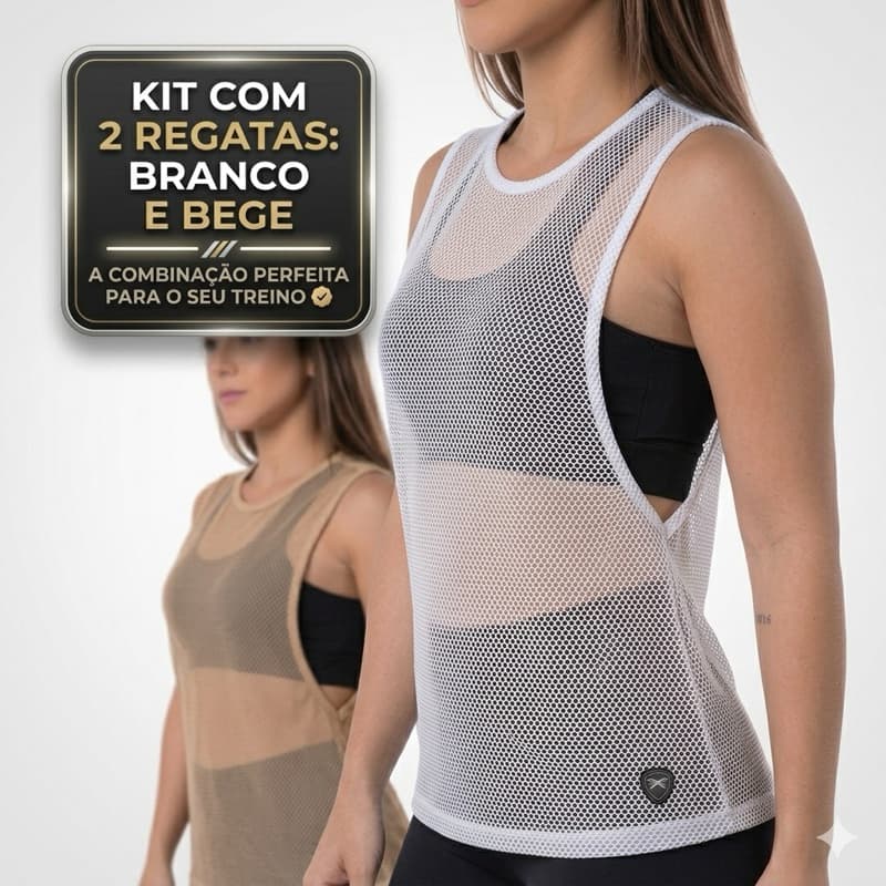 KIT COM 2 BRANCO BEGE CAMISETA REGATA FEMININA TELA TULE TRANSPARENTE SOBREPOSIÇÃO ACADEMIA FITNESS