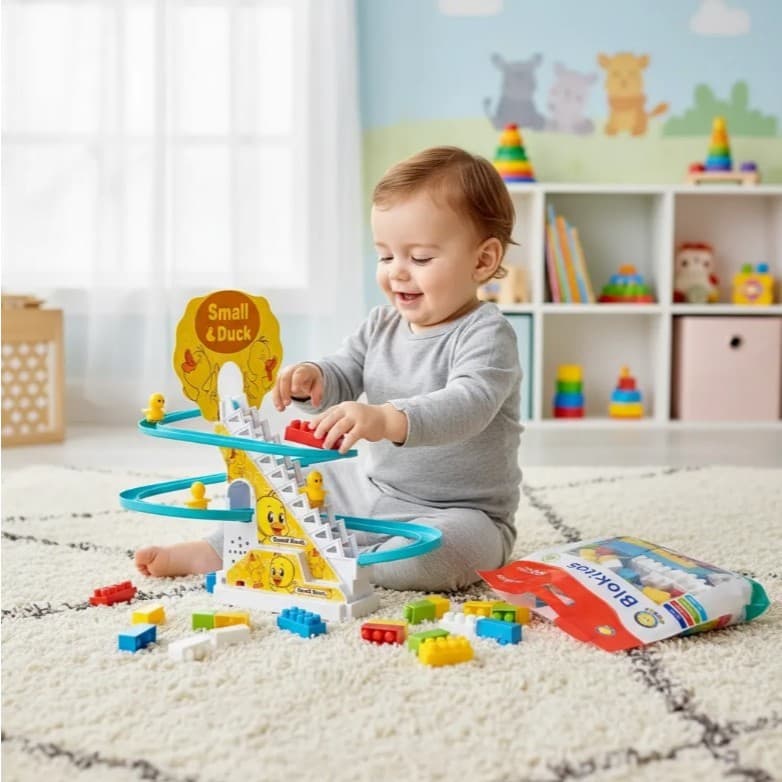 Kit Brinquedo Infantil Escada Patinho E Blocos D Montar 100p