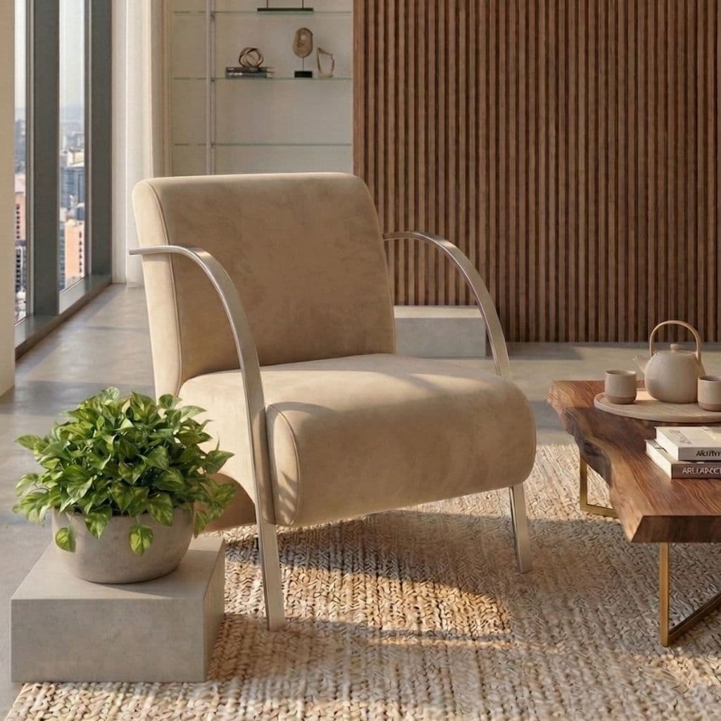 Poltrona Decorativa de Suede com Braço de Alumínio Moderna Sala Recepção Quarto Escritório Barbearia Consultório