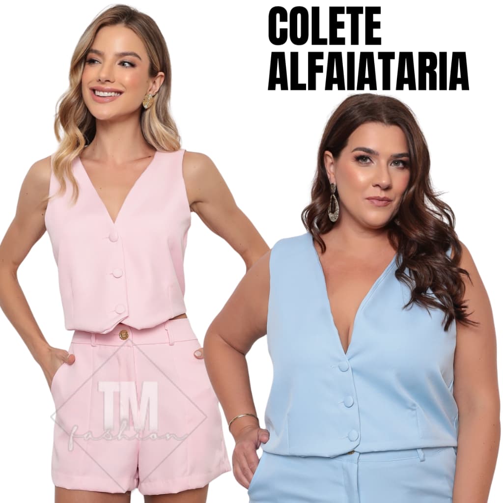 Colete Feminino Alfaiataria Gola V 3 Botões Tecido Duplo Social
