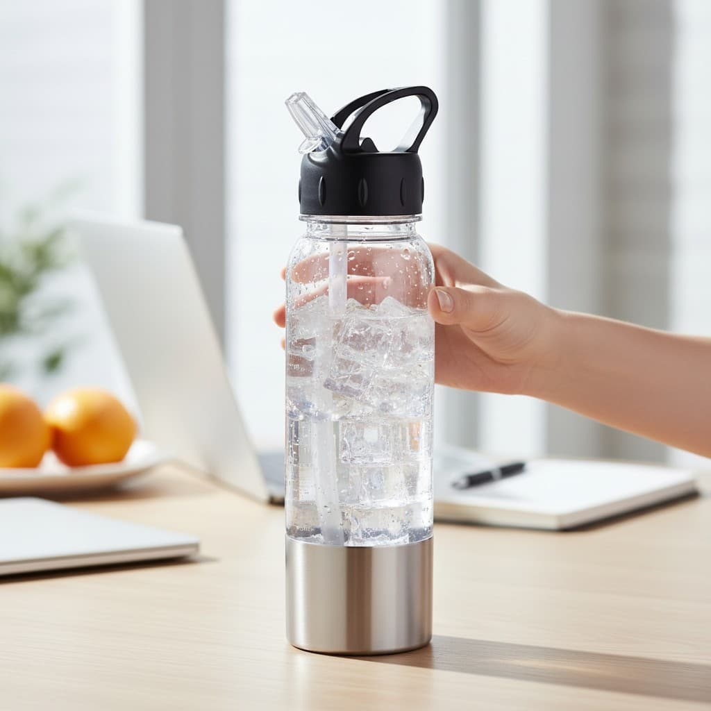 Garrafa Squeeze Plástico 750ml Com Fundo Inox Tampa Rosqueavel Bico Retratil Canudo e Medidor de ML