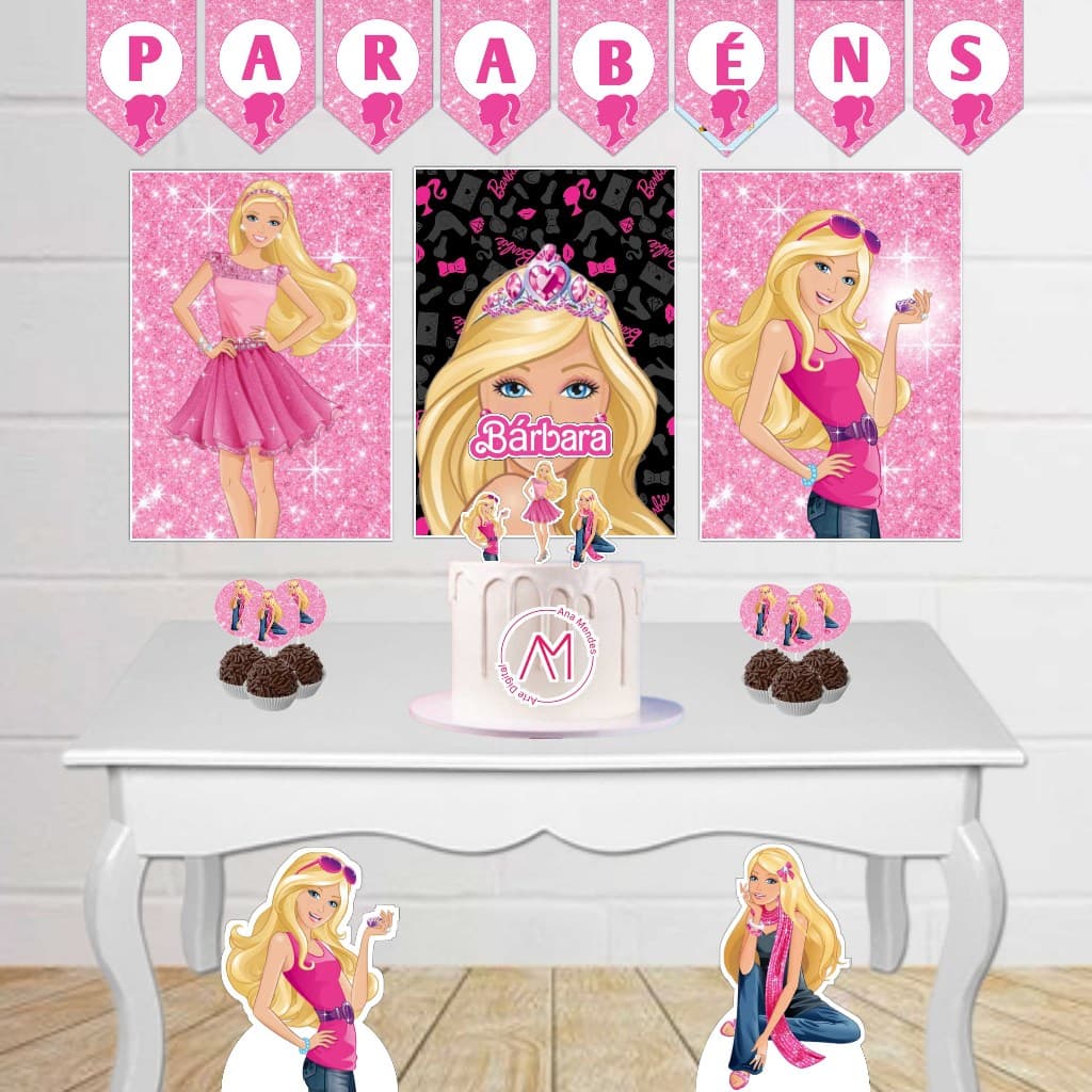 Kit Festa Infantil Barbie Fácil Decoração Com Painel Display Toppers Topo de Bolo Só um bolinho