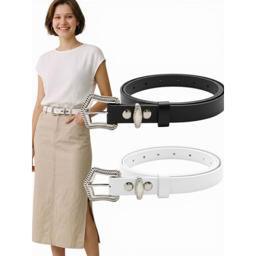 Kit2 Cinto Feminino Básico Da Moda 1,5cm Couro Sintético Fivela Prata Resistente Ajustável - Érika