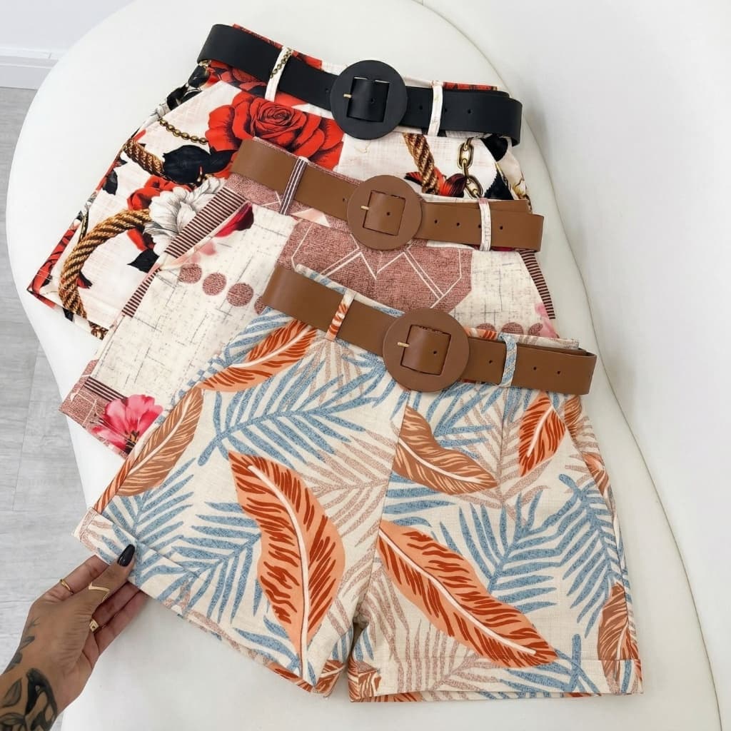 Short Feminino + Cinto c/ Elastano e Bolsos Cintura Alta Modela Bumbum Elegante Moda Gringa P ao GG