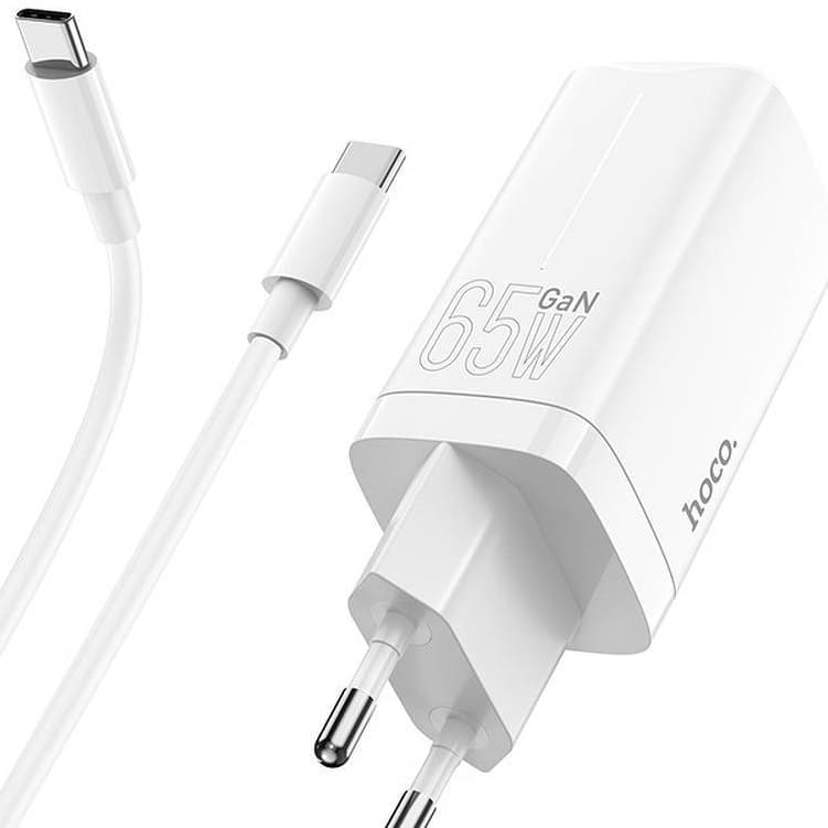 Conjunto Adaptador de tomada Carregador rápido Hoco 65W GaN três portas (2xUSB-C + 1xUSB-A) Suporta 45W, 30W, 25W, 20W,