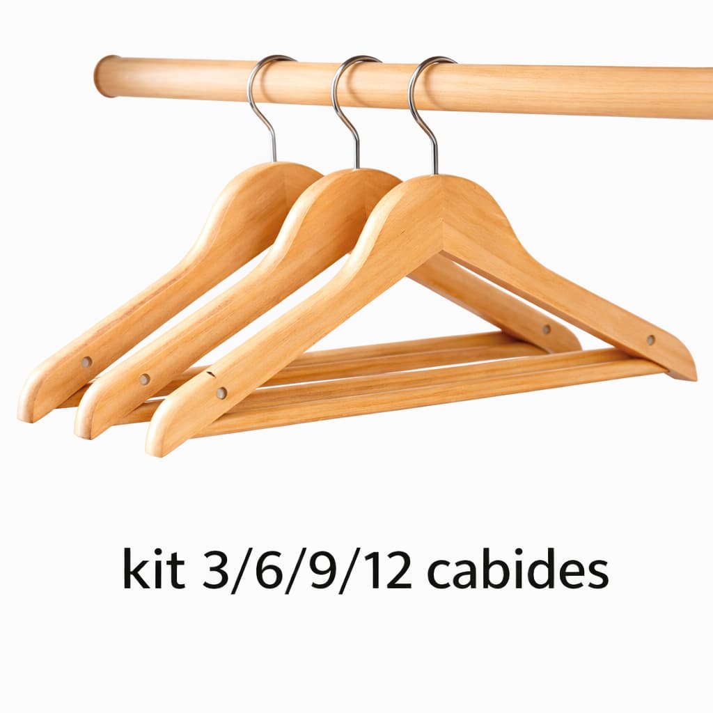 Kit 12/9/6/3 Unidades Cabides De Madeira com Verniz Para Roupas Armario