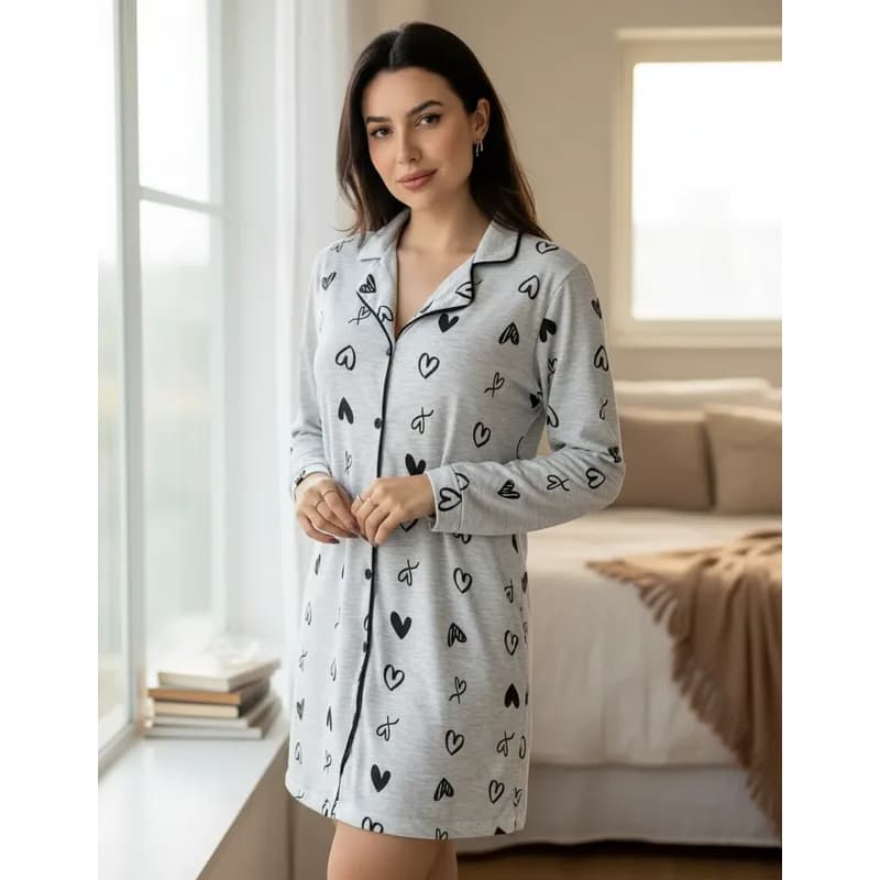 Camisola Chemise Americana Manga Longa Pijama de Inverno Com Botões Amamentação Frio Malha Conforto