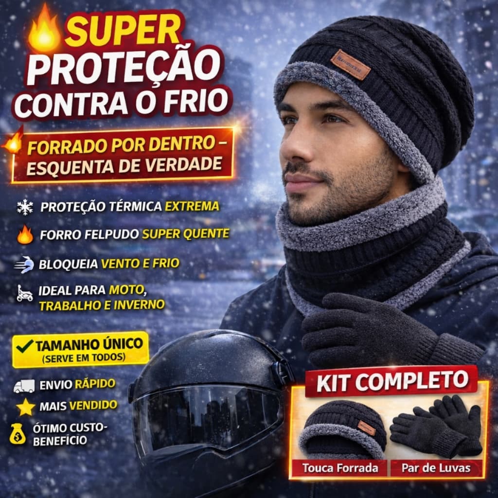 Kit Touca Forrada Com Luva e Gola Térmica Tamanho Único Infantil Juvenil Adulto Unissex Frio Intenso