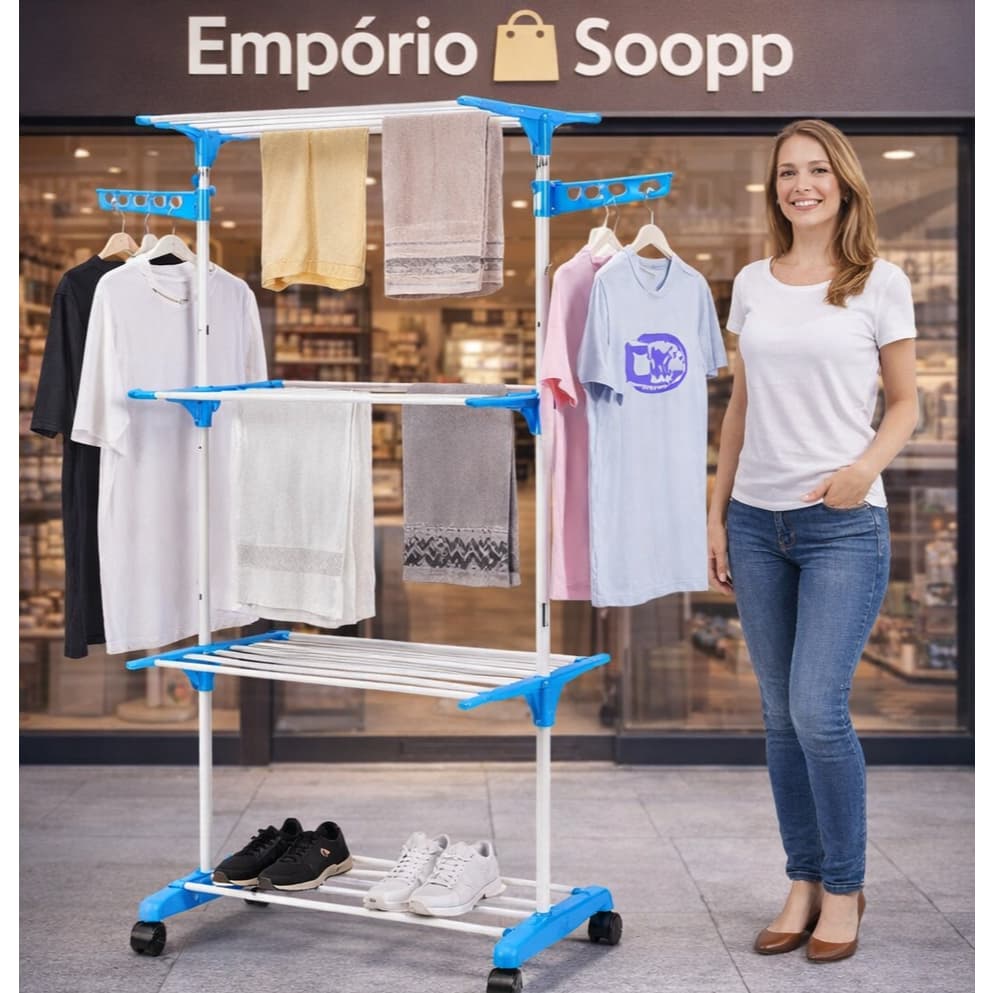 Varal de Chão 3 Andares Dobrável com Rodinhas 360° Cabideiro Organizé ProRack™ Multiuso Compacto