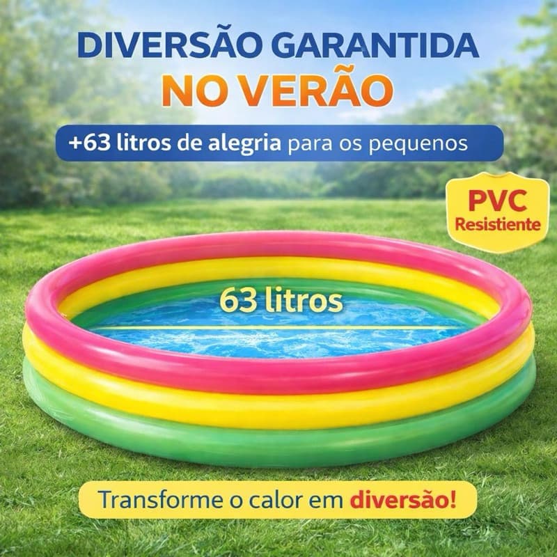 Piscina Infantil Inflável 3 Anéis PVC Resistente 63L Para Crianças 1 a 3 Anos Verão