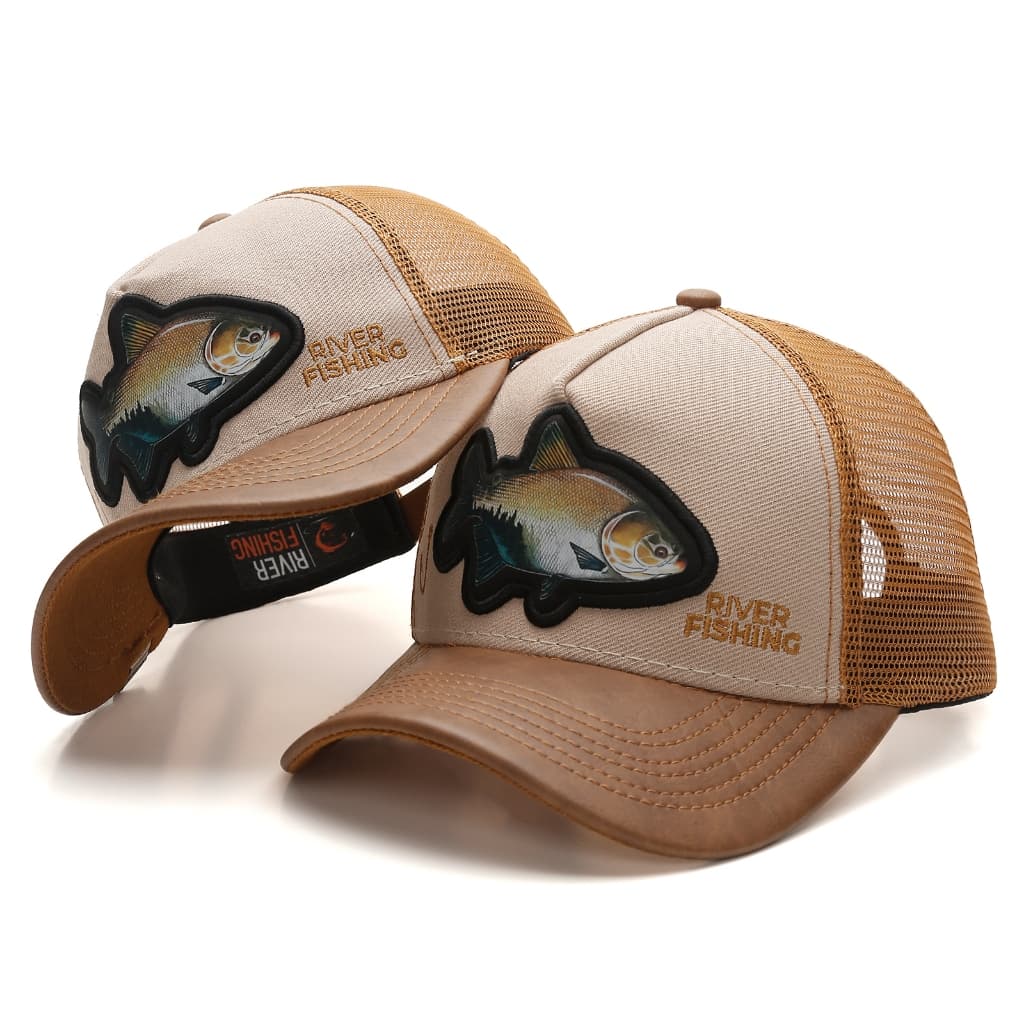 Boné Chapéu Pescador Masculino Feminino Trucker Bordado Peixe Aba Curva Ajustável Tela Respiravel Premium