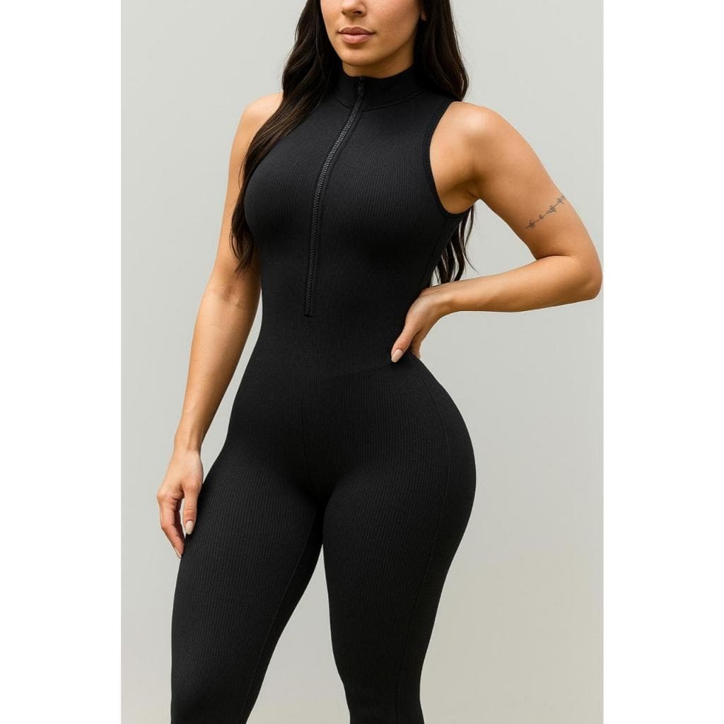 Macacão Feminino Fitness Longo com zíper canelado Poliamida Esportivo