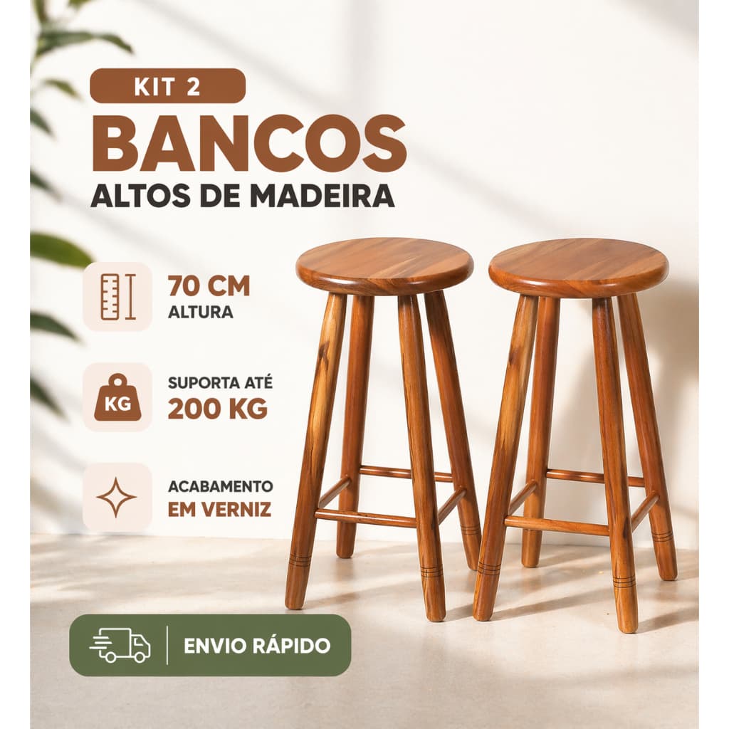 Kit 2 Banquetas Altas de Madeira Maciça 70cm Banco Alto Resistente Cozinha Área Gourmet Bar Balcão
