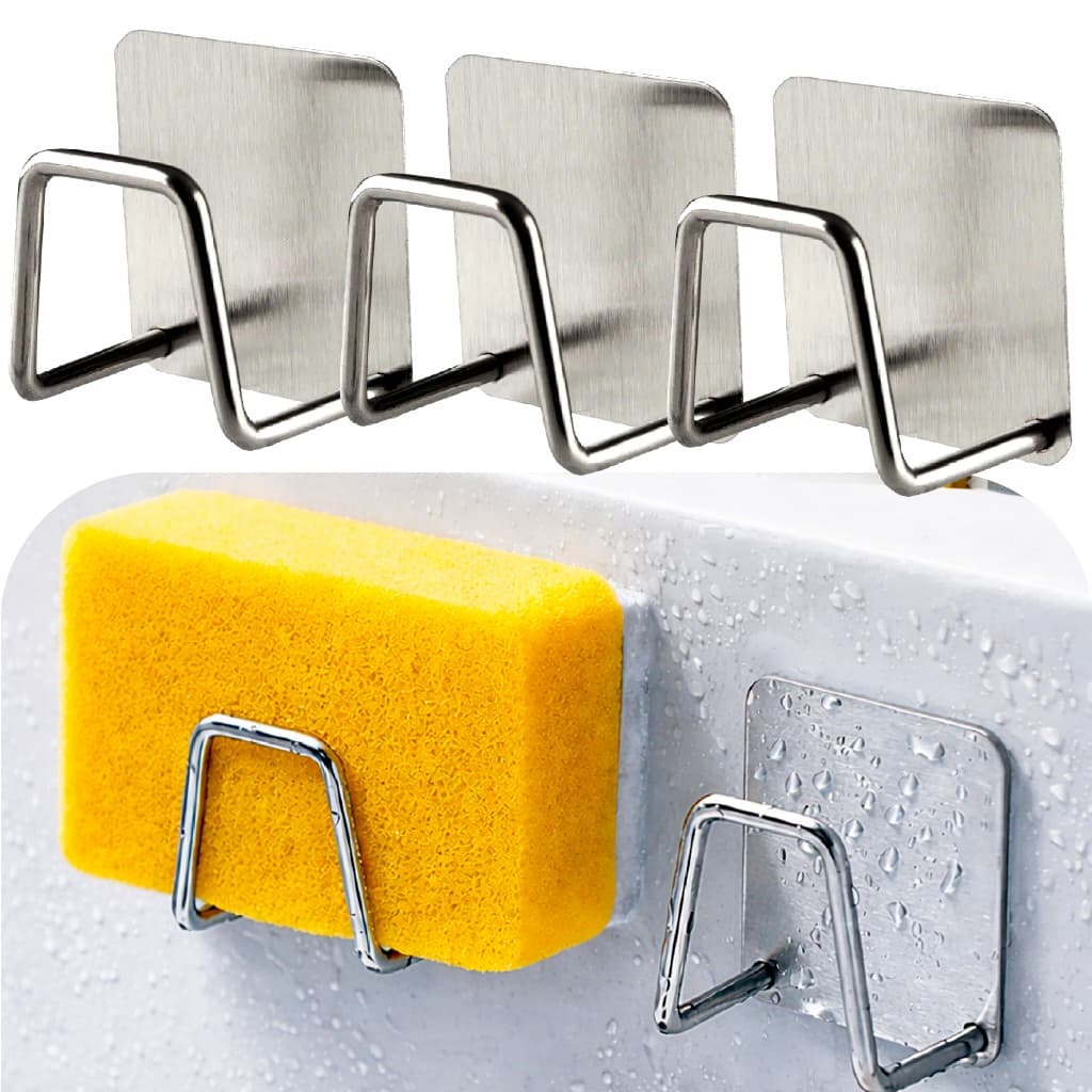 Kit 3 Suportes De Esponja Bucha Gancho Para Pia E Cozinha Aço Inox Autocolante Linha Premium