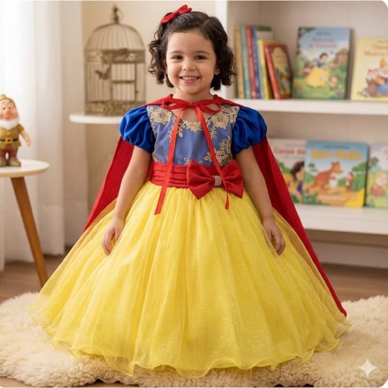 Vestido Branca de Neve Luxo Infantil + Capa + Laço Cabelo Fantasia Menina Festa Aniversário