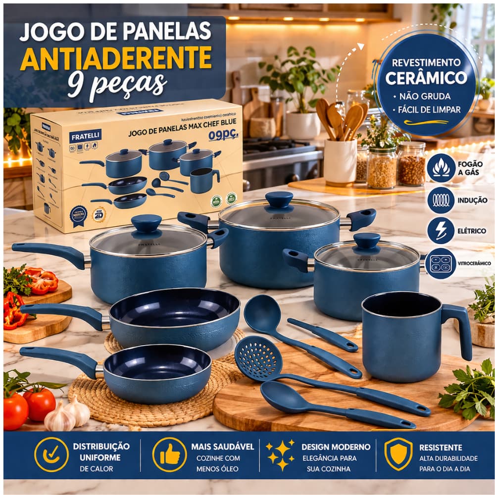Jogo de Panela Antiaderente, não gruda, Caçarola, Frigideira, Colher, Concha, Escumadeira, Leiteira,  cerâmico, 9 peç