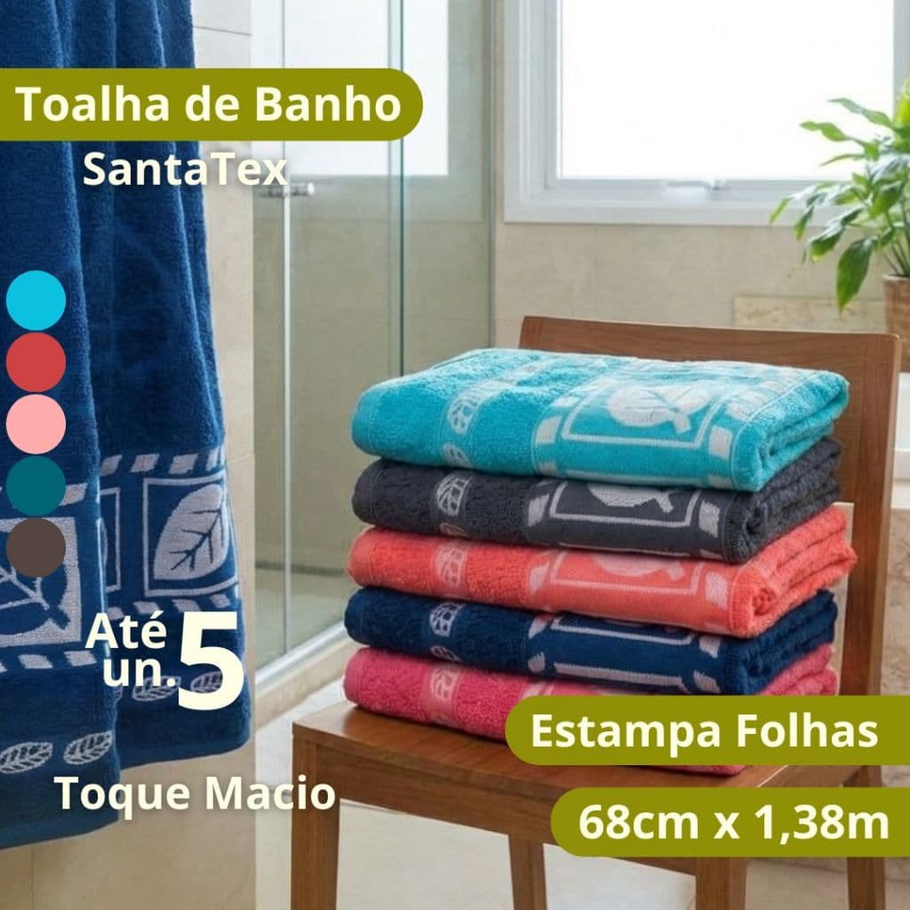 KIT com Toalha de Banho 68x1,38m Toque Macio Estampada Folhas Alta Absorção SantaTex