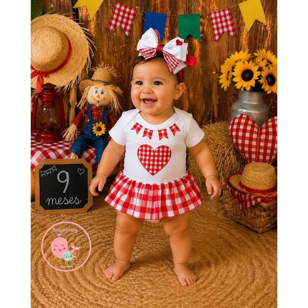 Body Festa Junina Bebê Menina Xadrez Com Saia Embutida E Laço Roupa Junina Infantil Mesversário