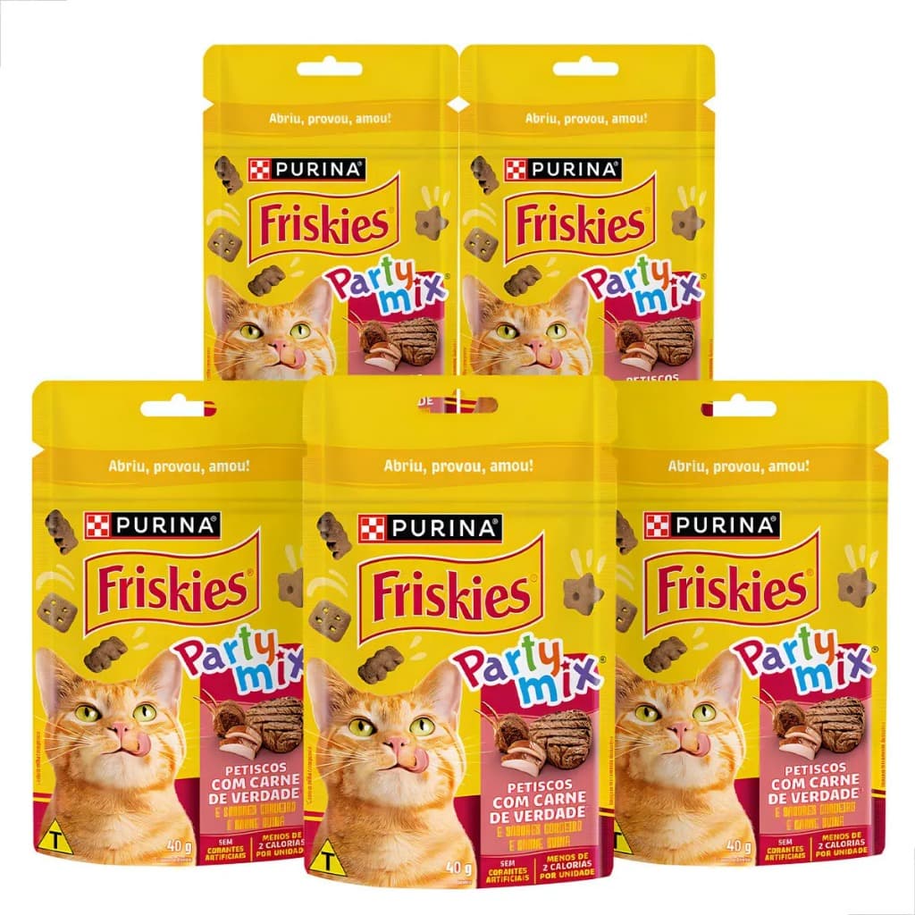 Kit 5 Friskies Party Mix Sabor Carne 40g Petisco p/ Gatos Purina
